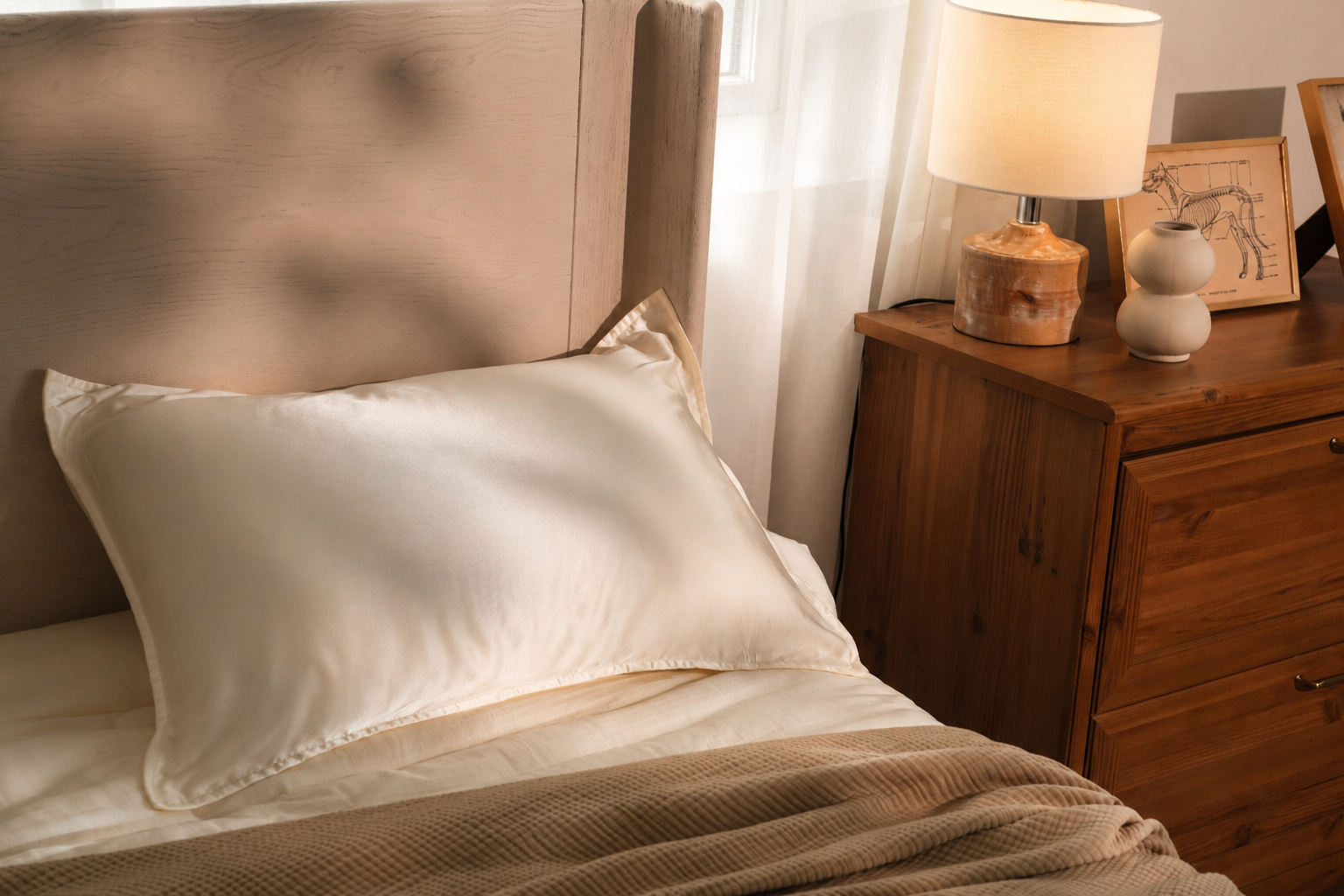 Warm ivory pillowcases on a softly lit bed
