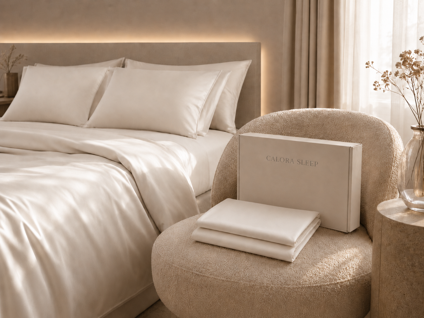 Warm ivory pillowcase on a calm bedside scene