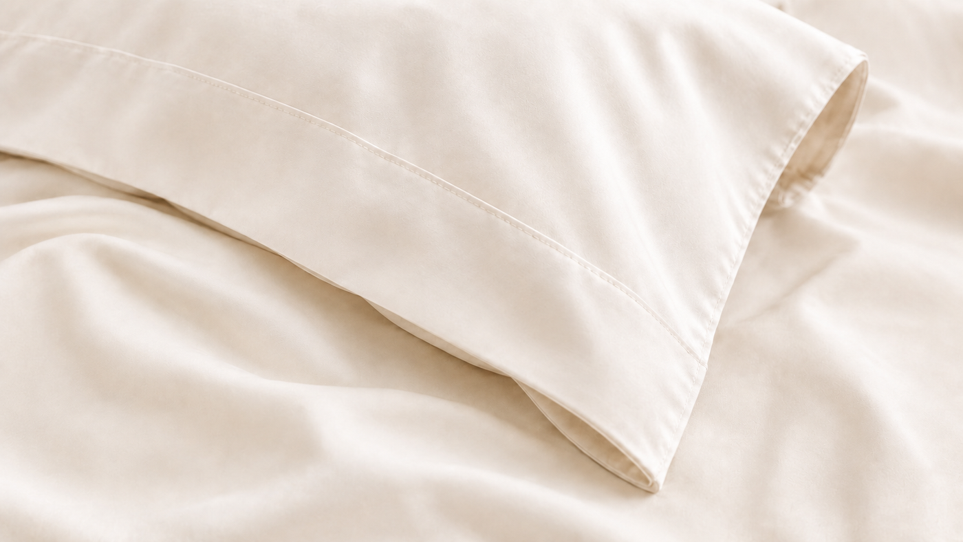 Close-up of warm ivory lyocell fabric with Calora Sleep label
