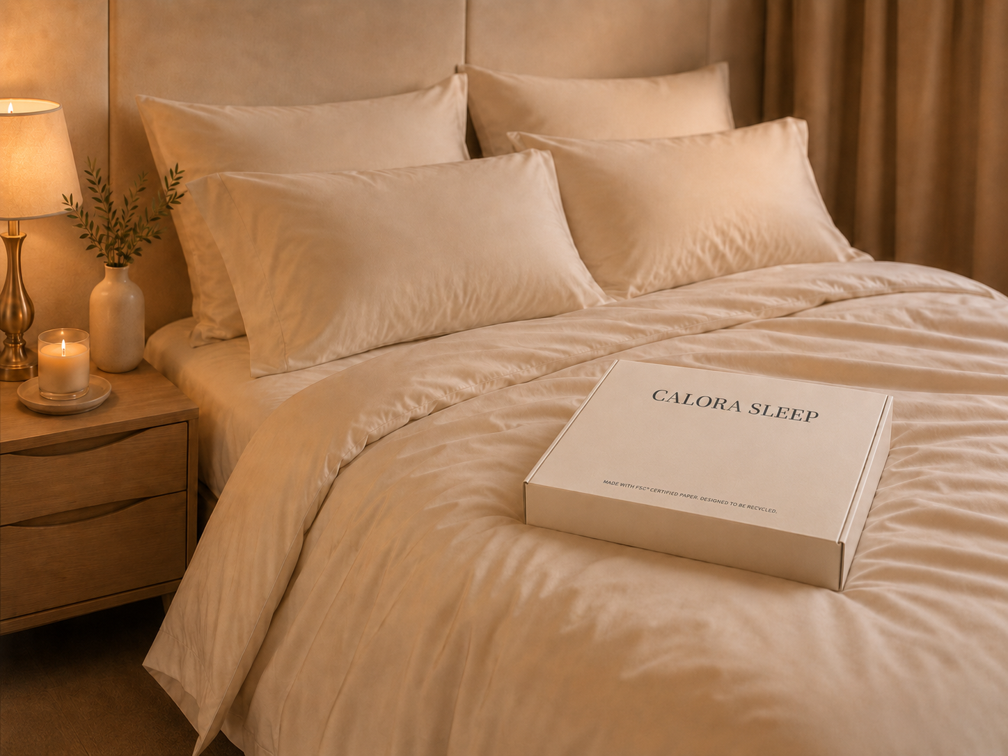 Warm ivory pillowcases on a softly lit bed