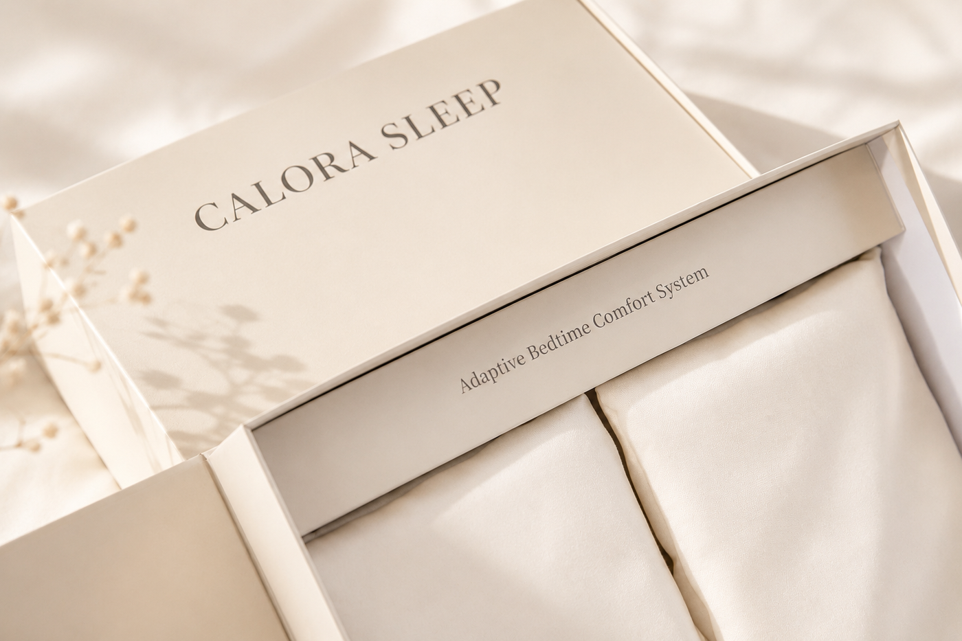 Folded ivory pillowcase set with Calora Sleep packaging
