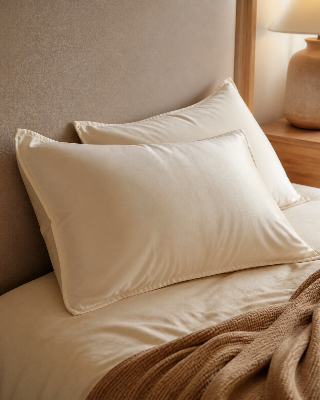 Calora Glide Pillowcase pair in Pearl in a warm bedroom