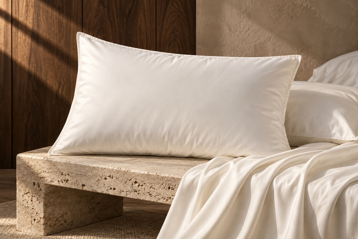 Pearl pillowcases styled on travertine with soft ivory fabric and walnut.