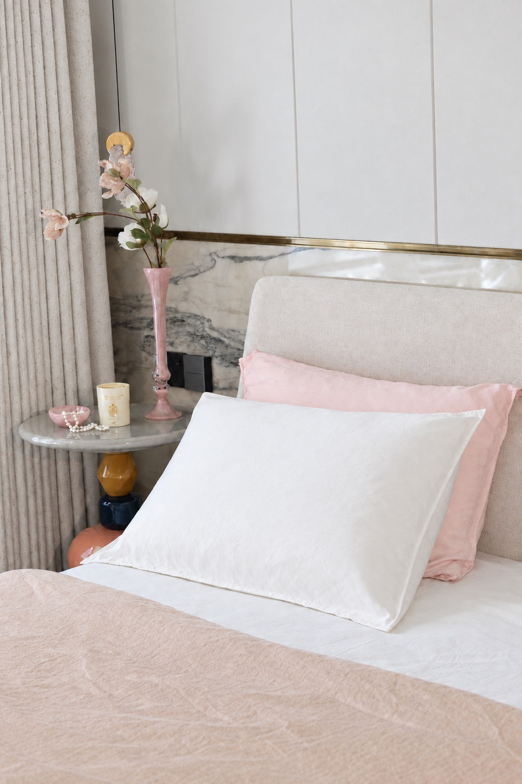 Pearl and Blush Glide Pillowcases in a cool neutral bedroom
