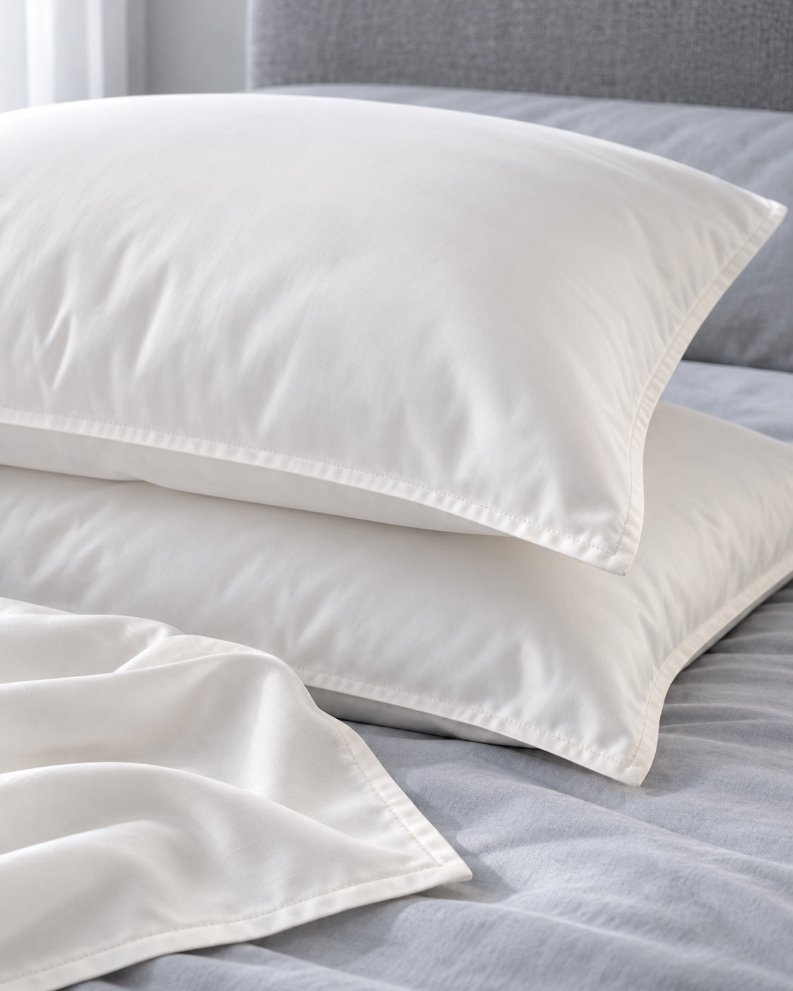 Plump Pearl pillows showing smooth lyocell fabric and narrow stitched edges