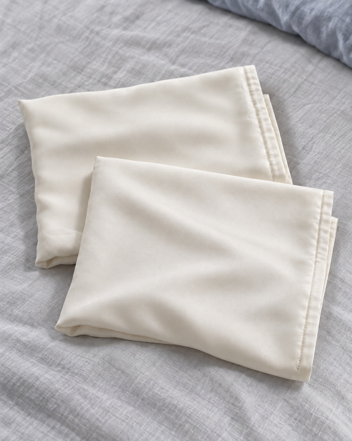 Two folded Pearl pillowcases showing the smooth fabric and fine hem