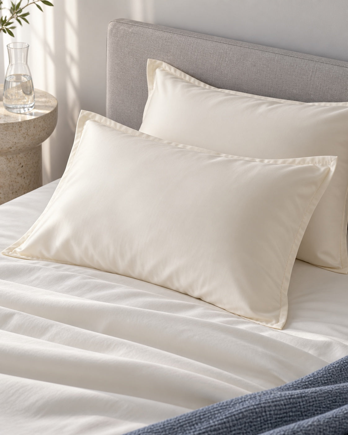 Two full Pearl pillows resting against a headboard in cool daylight