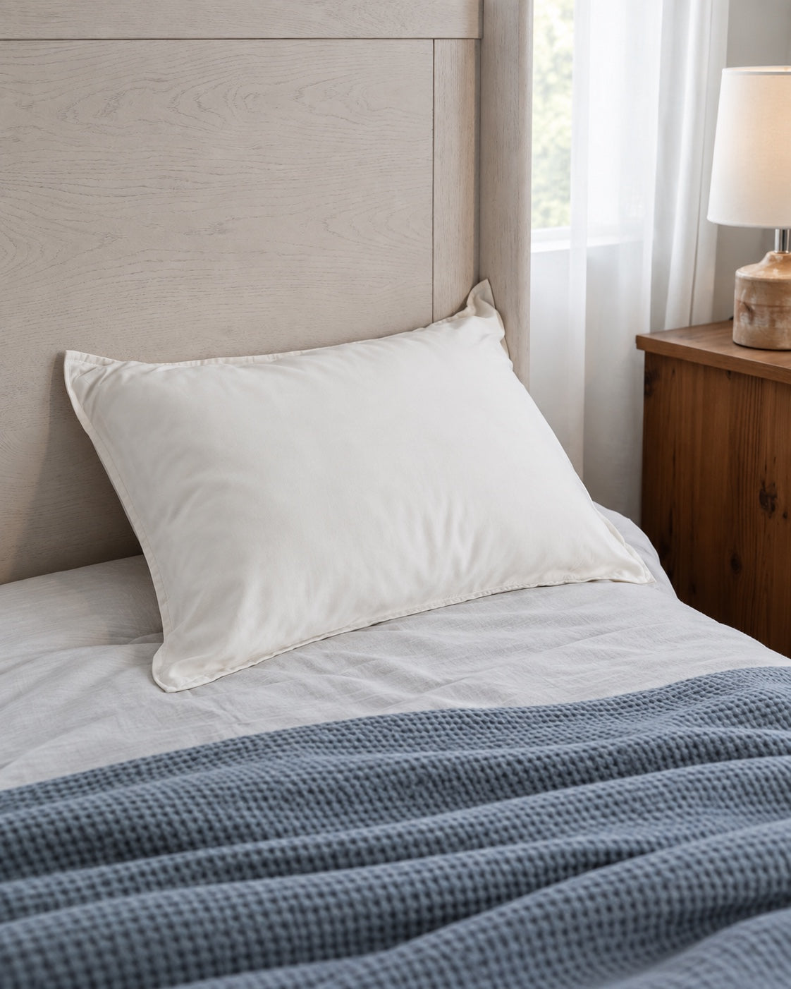 A full Pearl pillow with the original narrow stitched edge