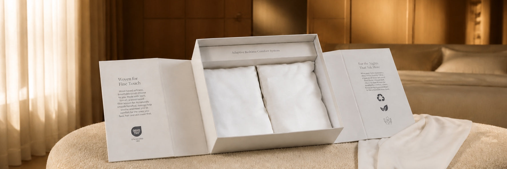 Open Calora Sleep premium gift box with two ivory Lyocell pillowcases on a warm upholstered bench