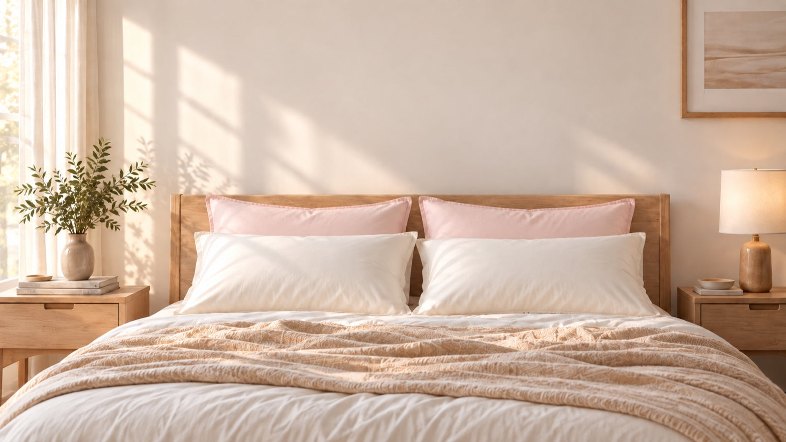 Four Calora pillows styled in two layers: two Blush pink pillows behind two Pearl white pillows.