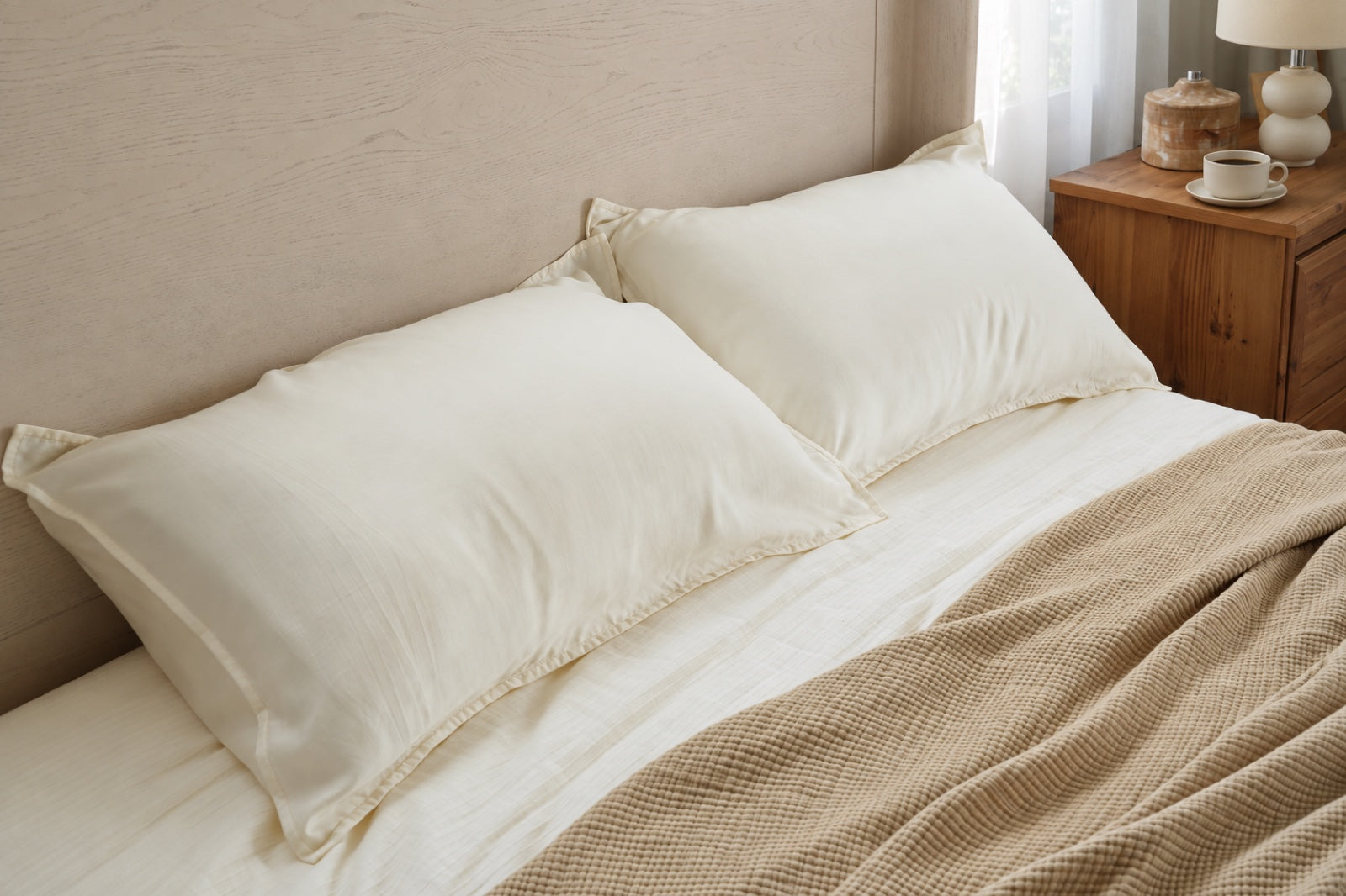 Pearl lyocell pillows in diffused morning daylight, with coffee on the bedside table.